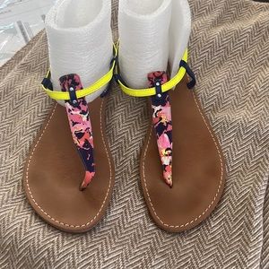 Ann Taylor Loft Floral Fabric & Yellow & Navy Patent Leather Toe Post Sandal